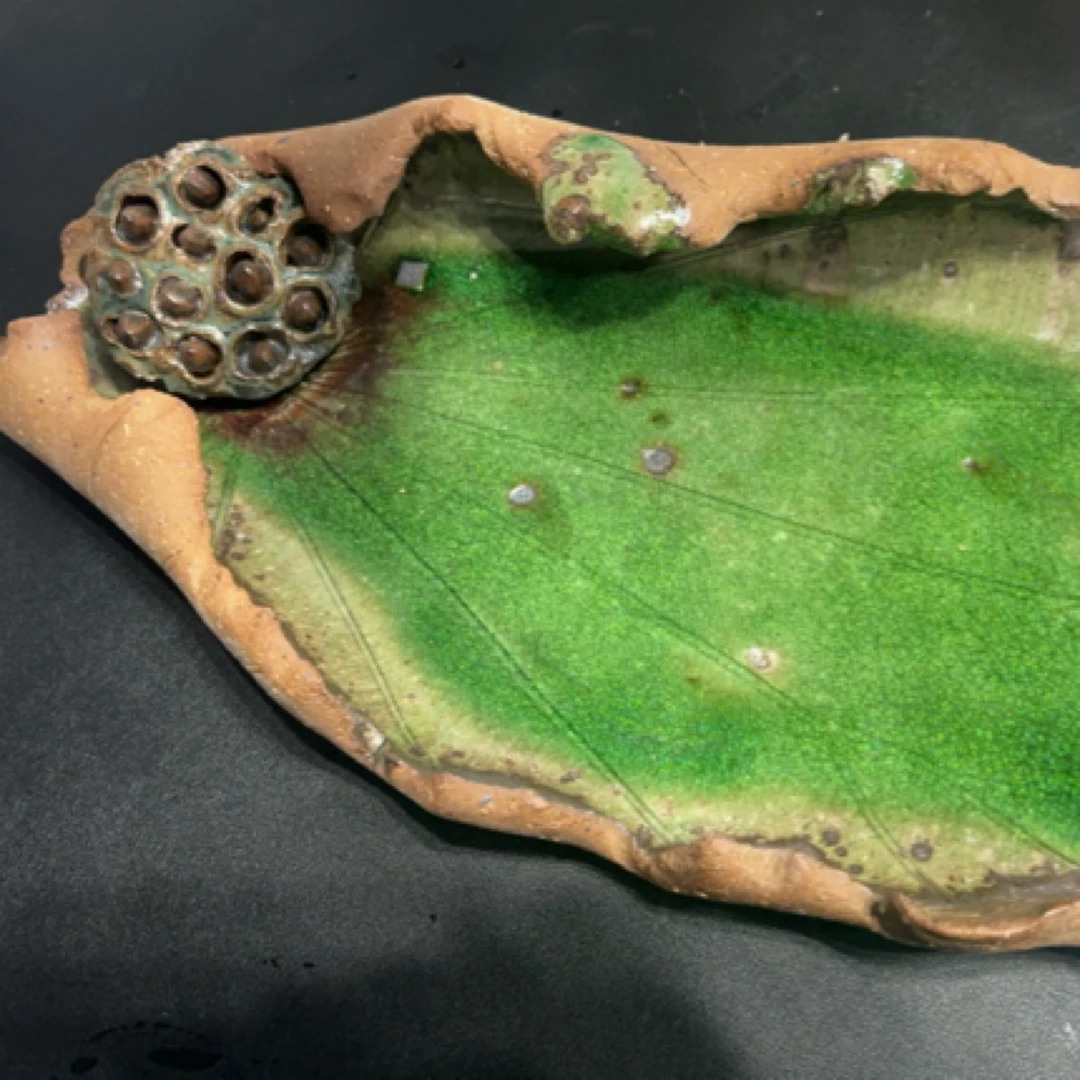 粗陶手捏枯叶荷叶茶盘