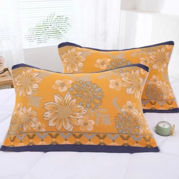 【黄色水莲花枕巾两条52×78cm】～多层吸汗纱布棉枕巾沙发扶手巾家用