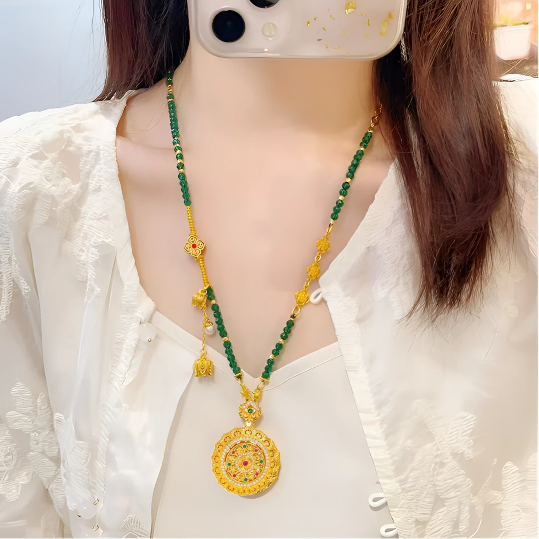 铜合金琉璃吊坠 转运八宝罗盘女高品质新中式轻奢复古锁骨链配饰