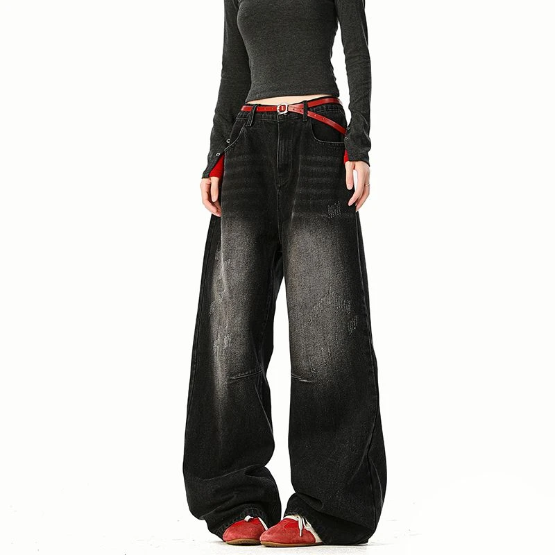 2025秋季新款美式高街水洗弯刀牛仔裤男女百搭休闲宽松阔腿长裤子