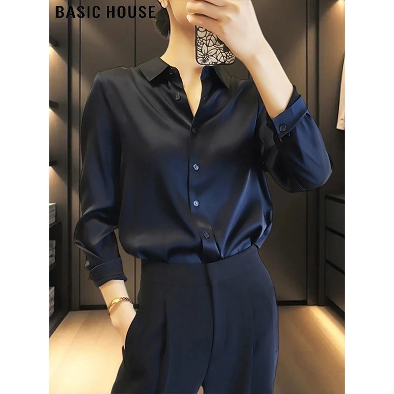 Basic House/百家好藏蓝色缎面衬衫女2025春夏新款POLO领打底衬衣