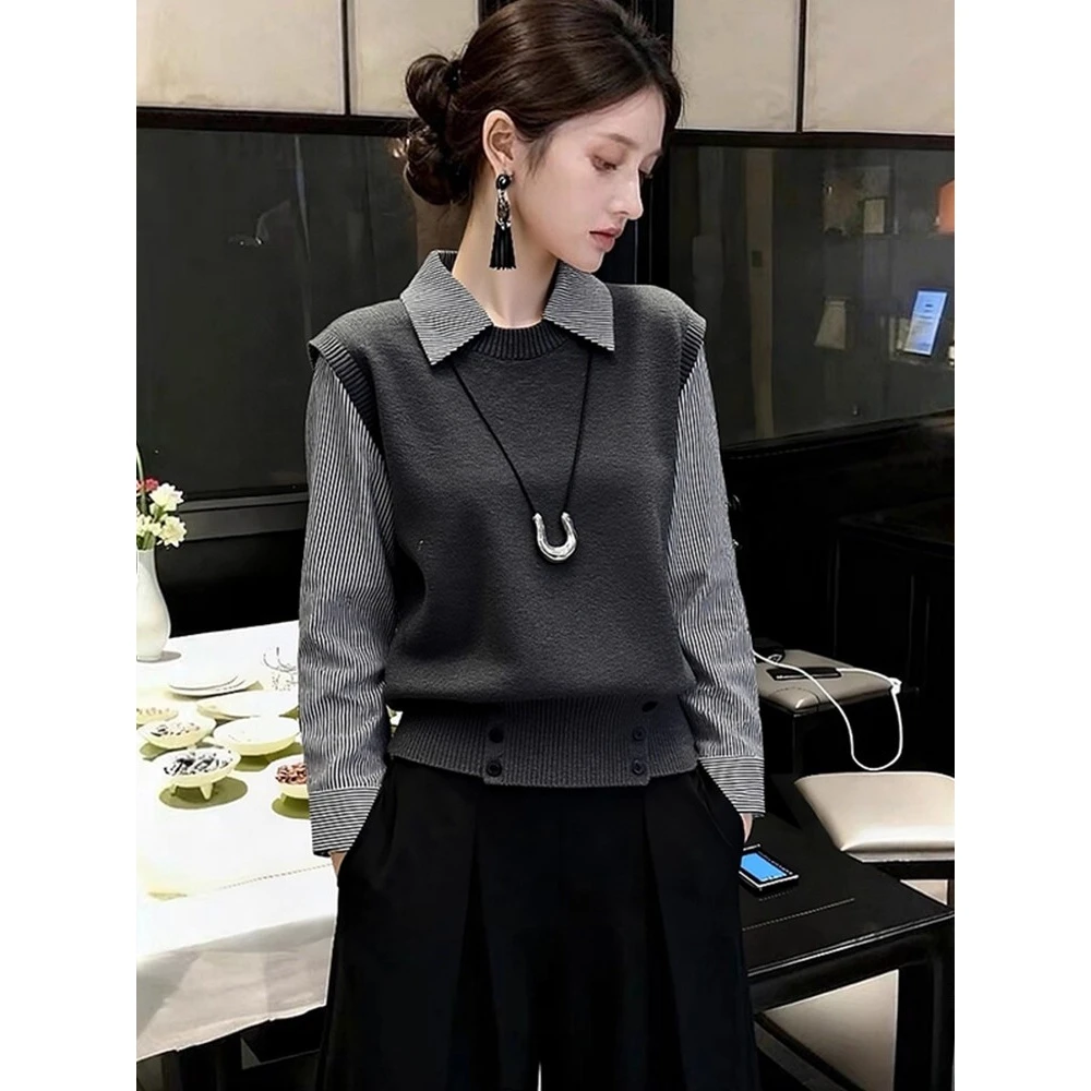 秋冬新款高级感超好看独特别致绝美软糯慵懒风灰色假两件针织衫女