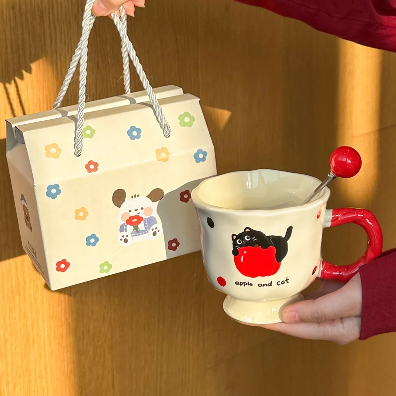 可爱猫咪苹果陶瓷马克杯伴手礼情侣喝水杯子送女生生日礼物礼盒装