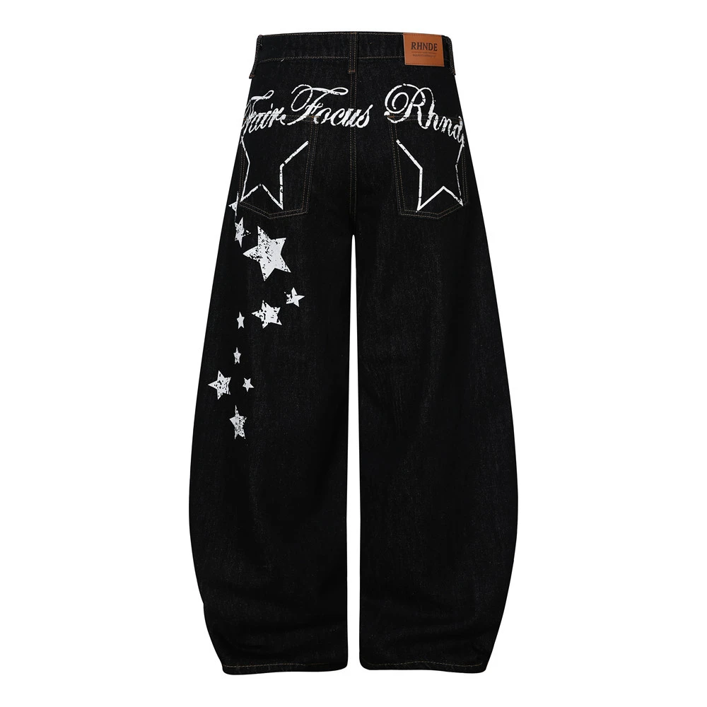 蛋蛋studio弯刀牛仔裤男士嘻哈潮流宽松长裤背面印花五角星设计感