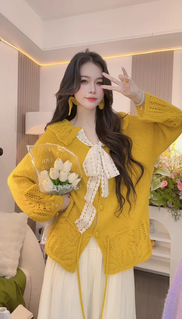 黄色大翻领开衫拼接蕾丝针织蝴蝶结女毛针织衫套头洋气韩版秋冬