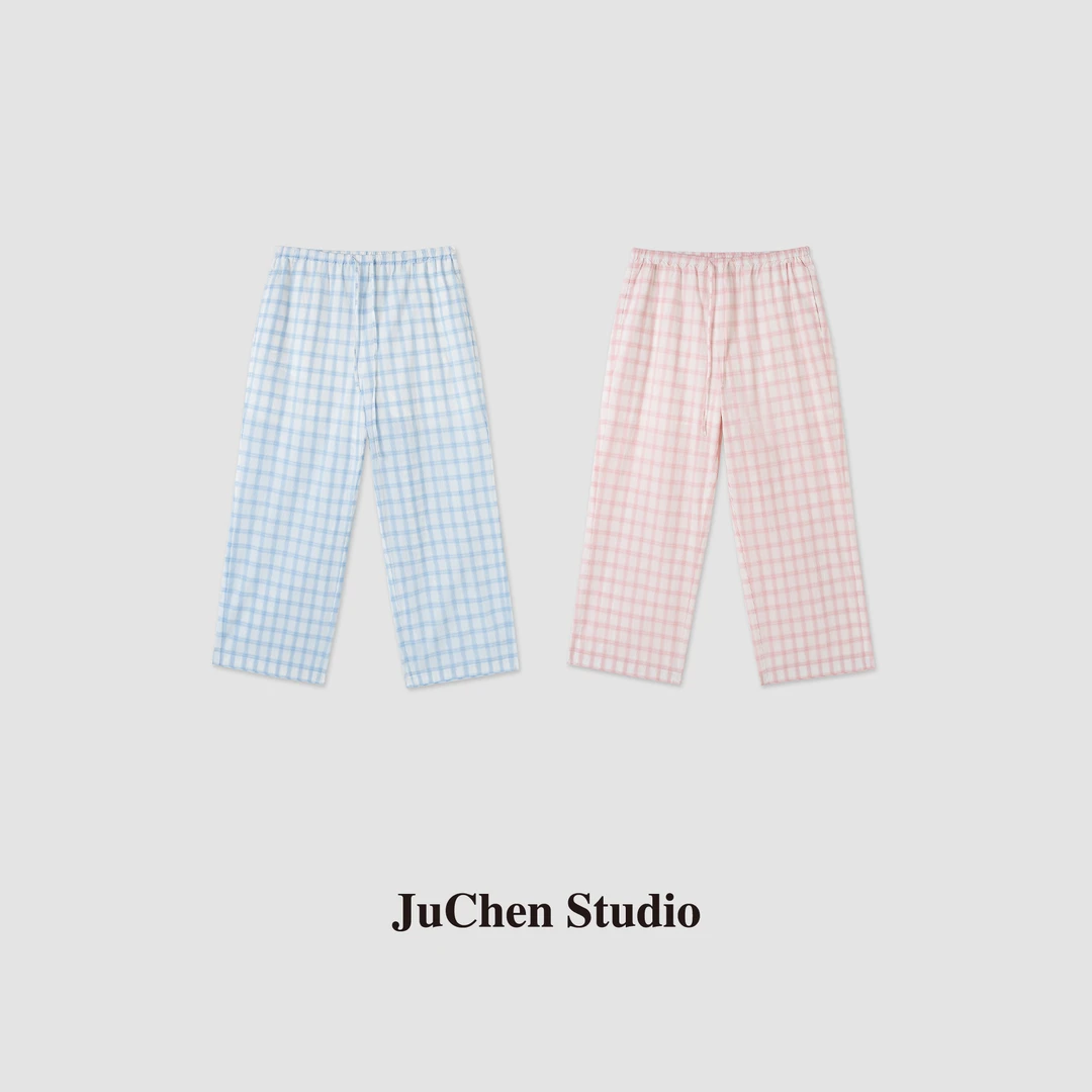 “甜格小棉裤”夏季慵懒风清新格纹抽绳松紧腰小直筒九分裤SS064582