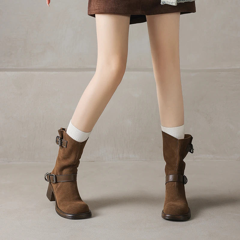 RANBEST 秋冬女靴子翻皮高跟西部靴美拉德中筒短靴沙漠马丁靴女