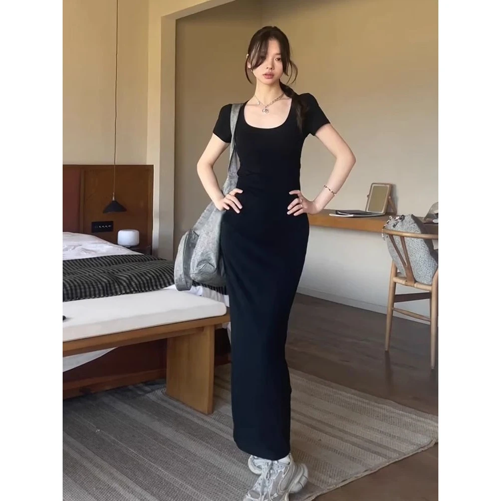 夏季新款法式修身长裙黑色显瘦气质青年纯色包臀裙子