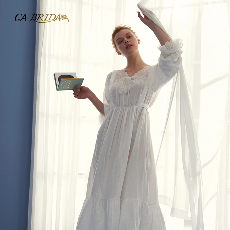 CA BRIDA【白睡裙】法式收腰睡裙 春夏白色长袖 古典宫廷风