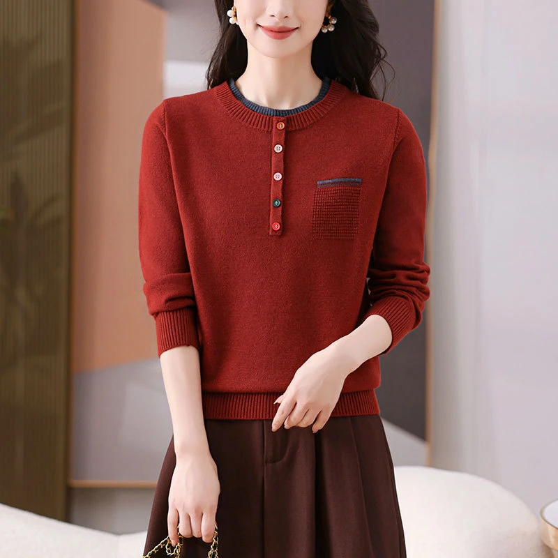 JY#圆领女士毛衣宽松洋气百搭新款气质套头彩扣针织打底DY12089