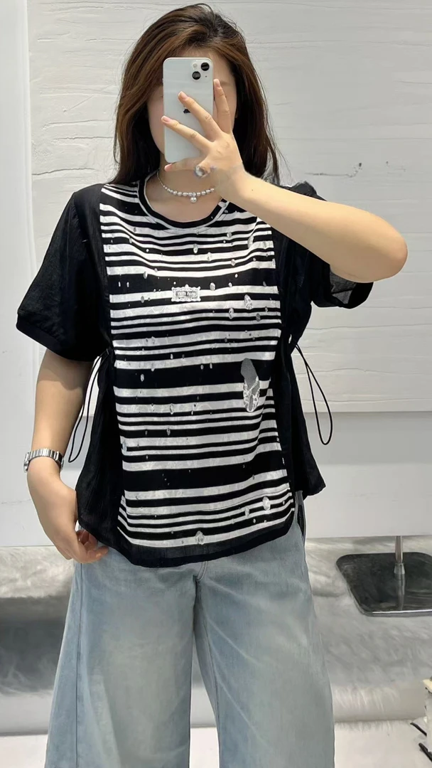 妮妮家10115夏季新款百搭显瘦条纹拼接抽绳短袖T恤