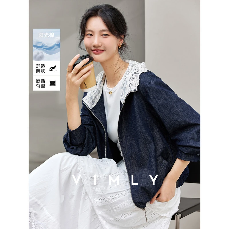 梵希蔓蕾丝边连帽水洗牛仔外套女秋百搭夹克上衣A2168