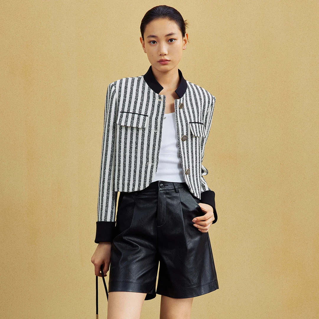 【小春子专属】肌理感小香风外套女秋季撞色条纹小立领上衣