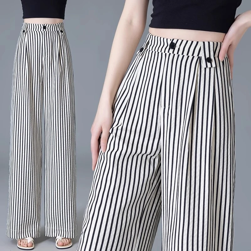 黑白条纹亚麻阔腿裤女夏季2025新款松紧腰宽松垂感薄款直筒裤