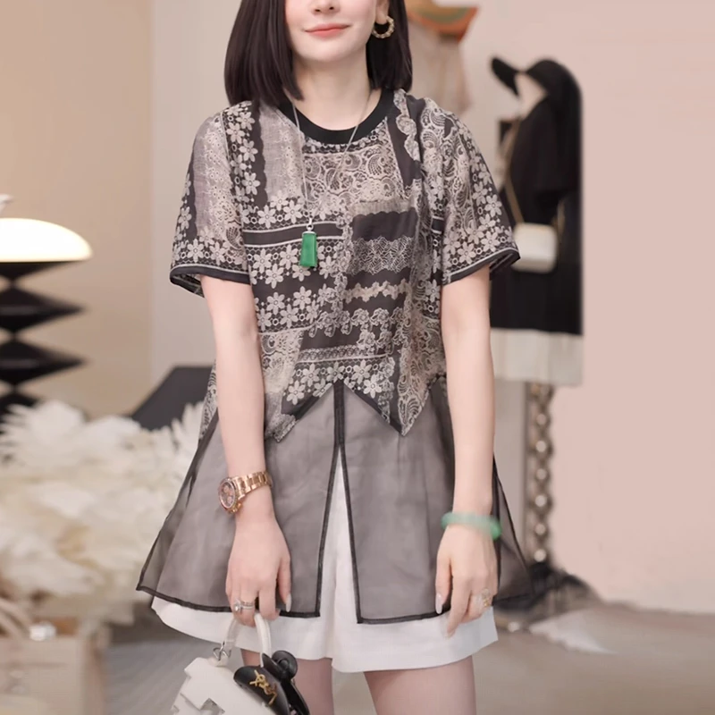 设计感碎花短袖t恤女夏季2025新款宽松时尚遮肉网纱拼接印花上衣