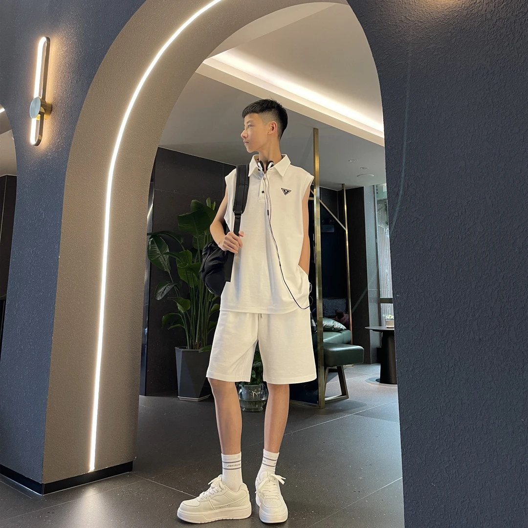 3501【凯】潮牌美式气质感polo领无袖套装中大童亲子薄款两件套