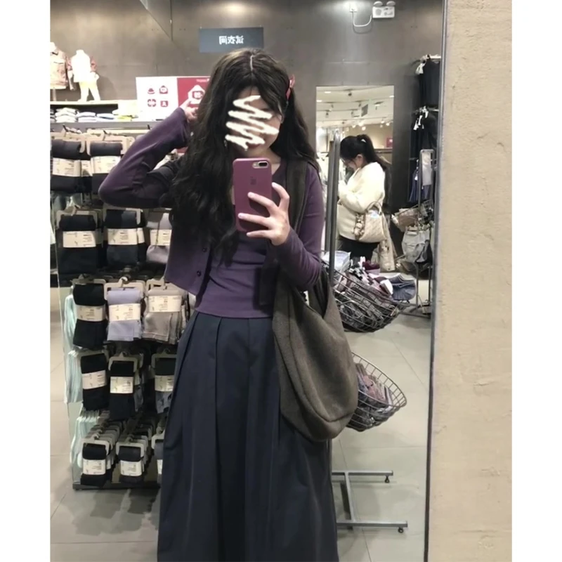 A1058#早秋新款韩系穿搭修身长袖开衫显瘦百搭吊带高腰百褶半身裙