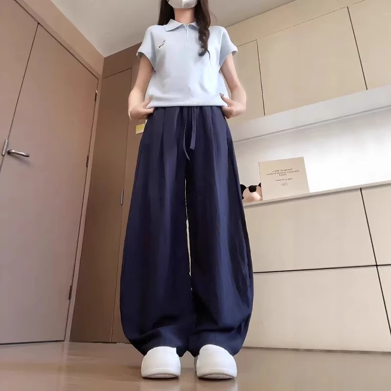 藏青色亚麻弯刀裤女夏季2025薄款大码高腰宽松显瘦抽绳镰刀阔腿裤