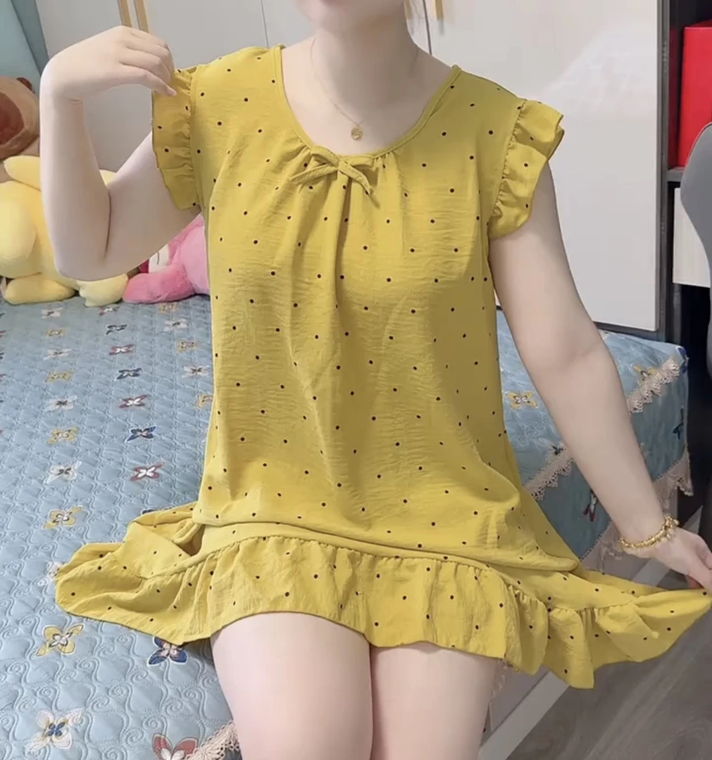 9022无袖夏季新款波点宽松砍袖花边睡裙甜美家居服大码显瘦时尚