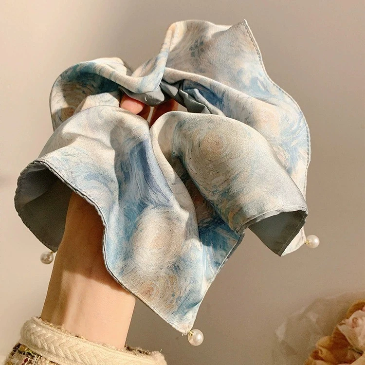 梵高星空~油画风蓝色方巾大肠发圈女高级感发饰超大方形头绳夏季