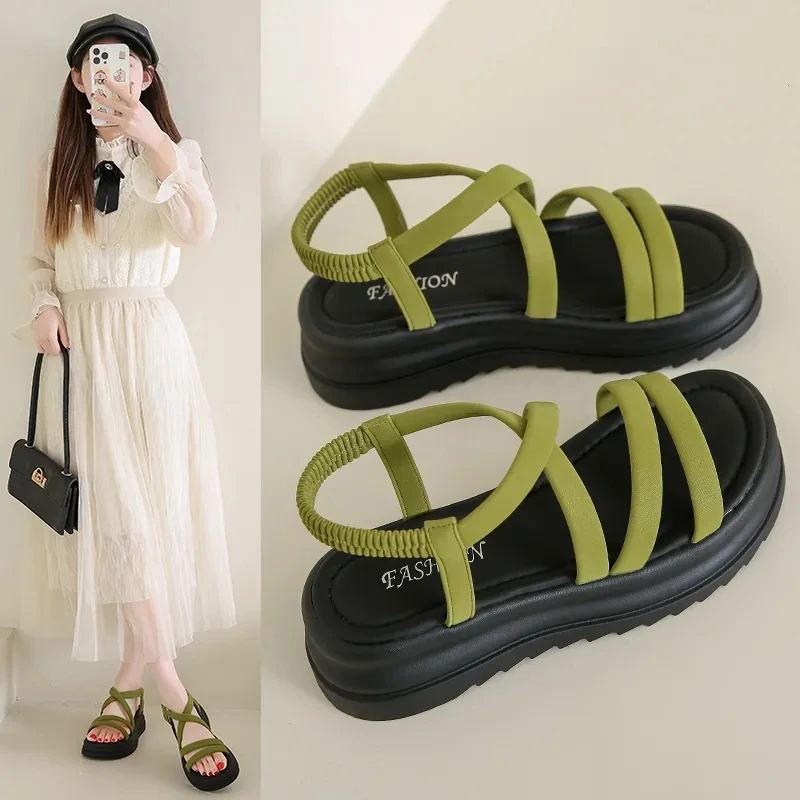 不累脚鞋子软绵绵2025新款夏季小个子增高厚底凉鞋女松糕罗马凉鞋