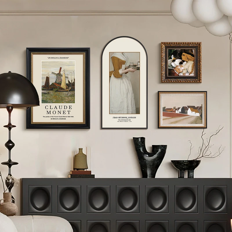 美拉德色系中古风组合画现代法式复古客厅装饰画玄关矮柜卧室挂画