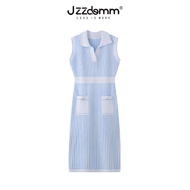 九州诚品/JZZDEMM翻领竖蓝条针织连衣裙女2025年新款时尚背心裙子
