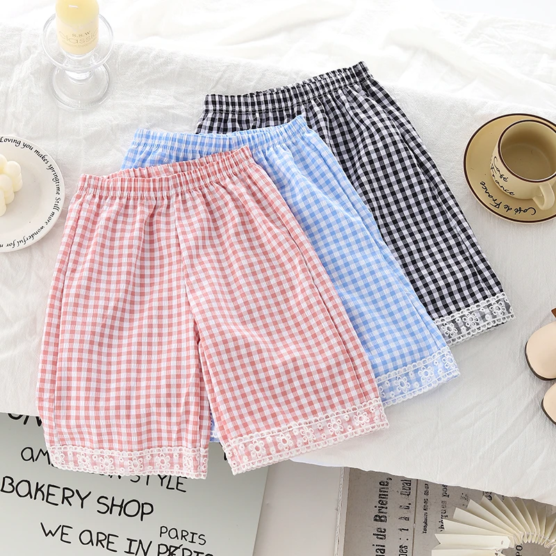 （七分裤）女童格子阔腿裤2025夏款韩版in时尚风蕾丝花边裤潮流百搭