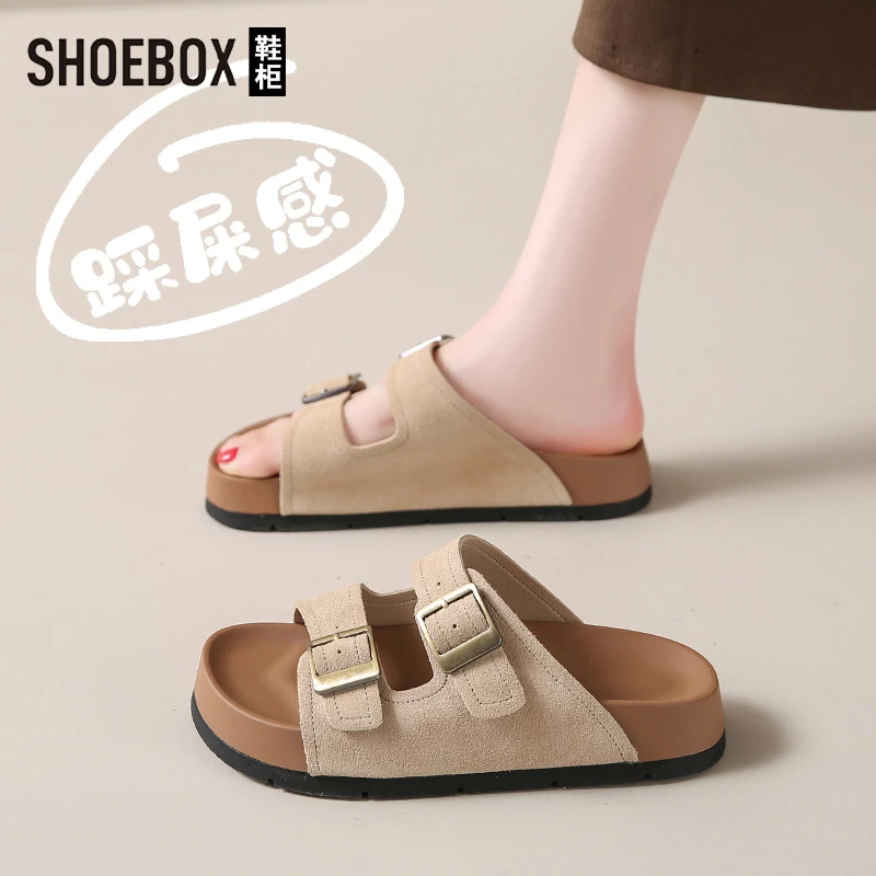 SHOEBOX鞋柜配裙子平底勃肯凉拖鞋女夏外穿一字拖休闲复古凉鞋
