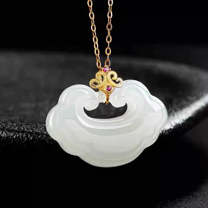 白玉如意锁长命锁18k金镶嵌天然和田玉简单大气百搭款挂坠（赠链）