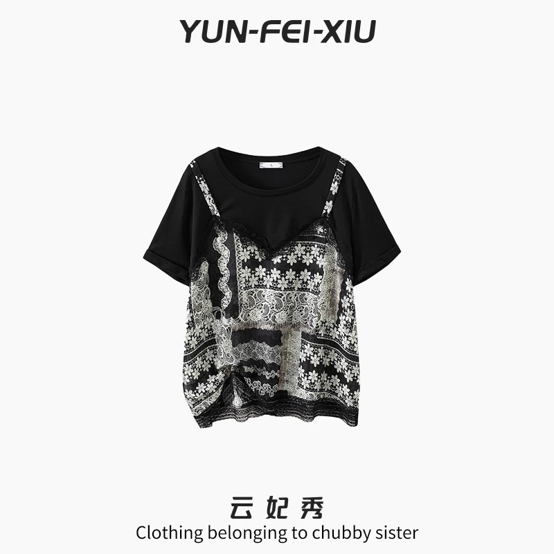 云妃秀大码女装T恤时尚休闲胖妹妹显瘦宽松韩版假两件上衣夏5899