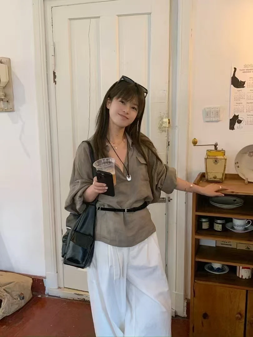 灰灰呀！3367 韩代工作室！韩系通勤净版简约翻领气质衬衫(配腰带)