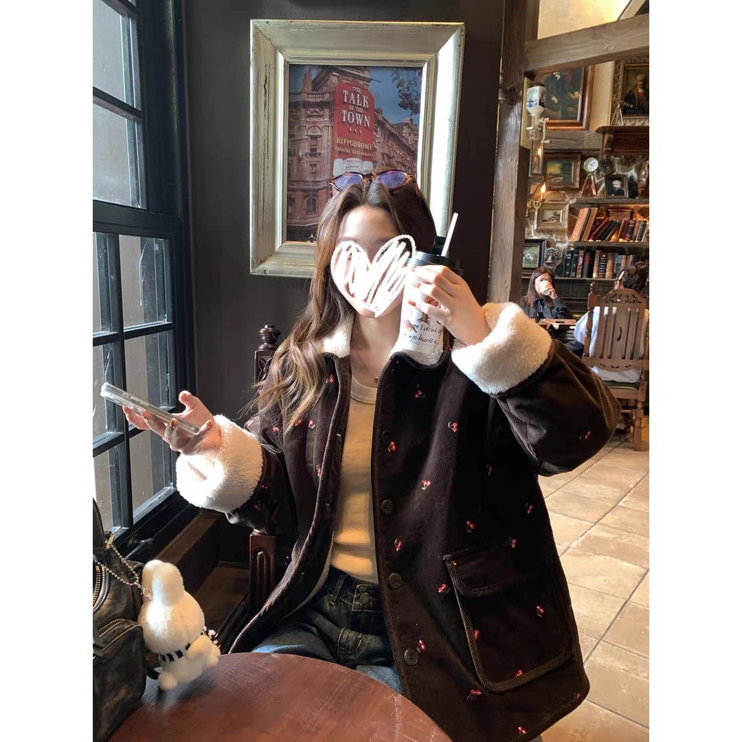 冬日韩女 韩系灯芯绒夹棉外套女冬季新款复古设计感棉服上衣