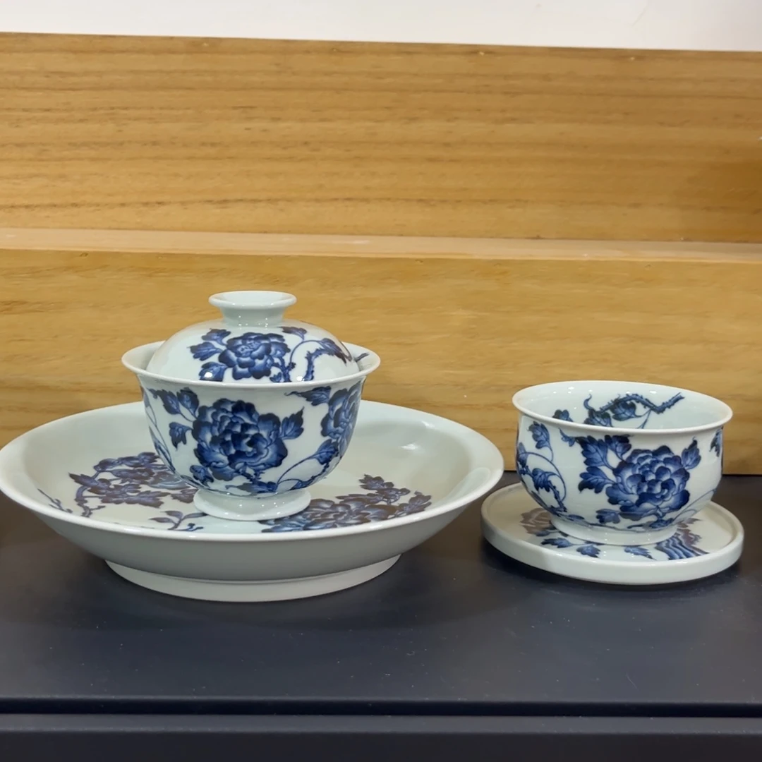 青花仿明牡丹四件套