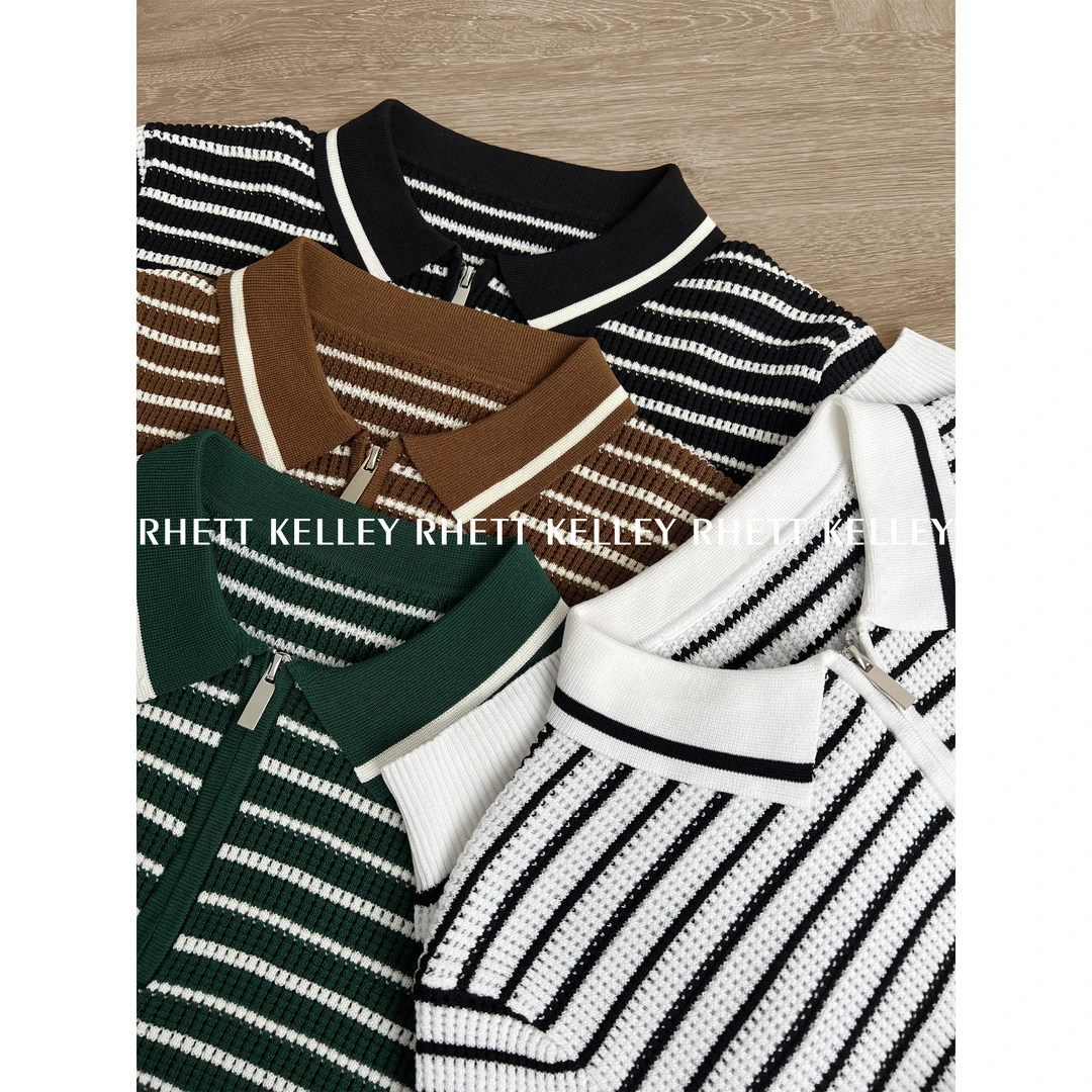 『简约雅致』复古轻奢细条纹拼色提花肌理感针织POLO衫