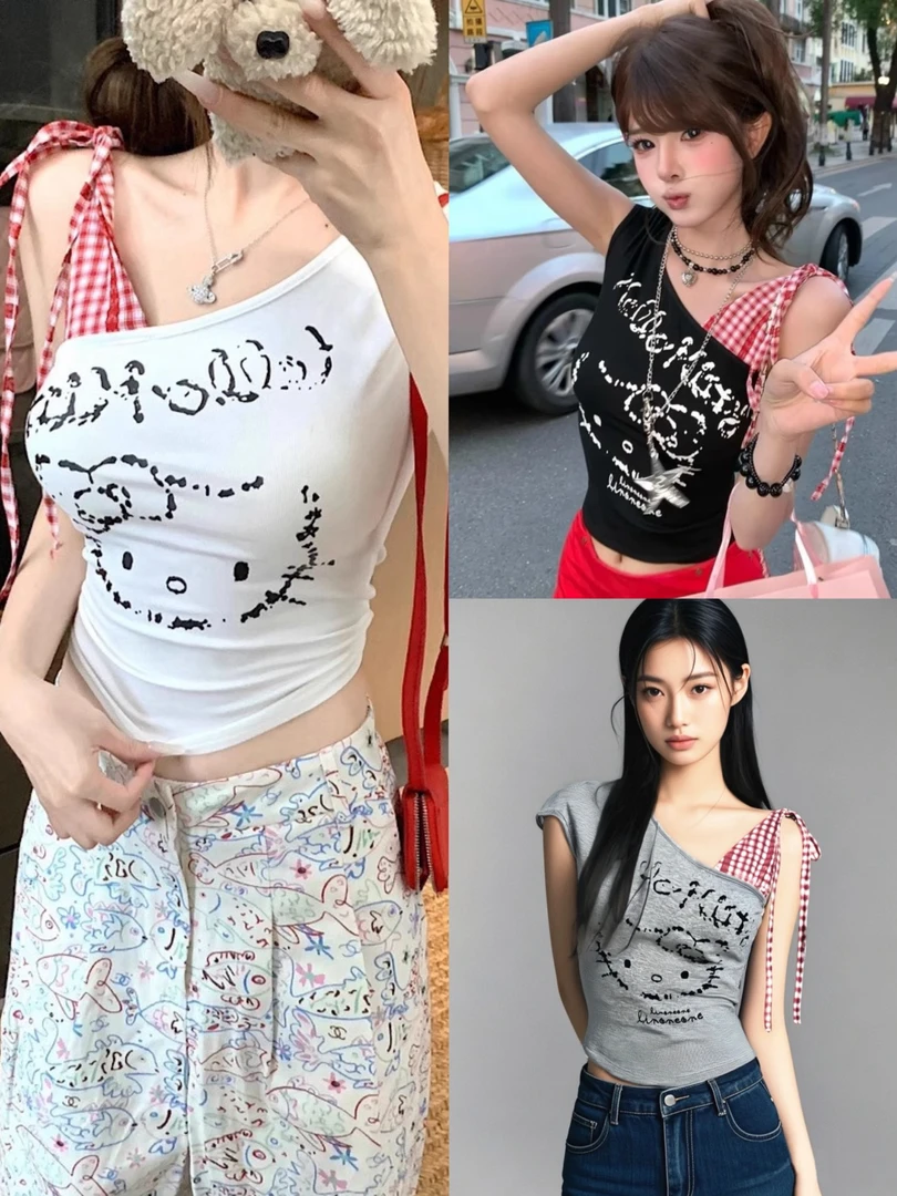 沐沐家  红色格子拼接kitty斜肩背心T恤女夏季露肩甜辣妹短款上衣