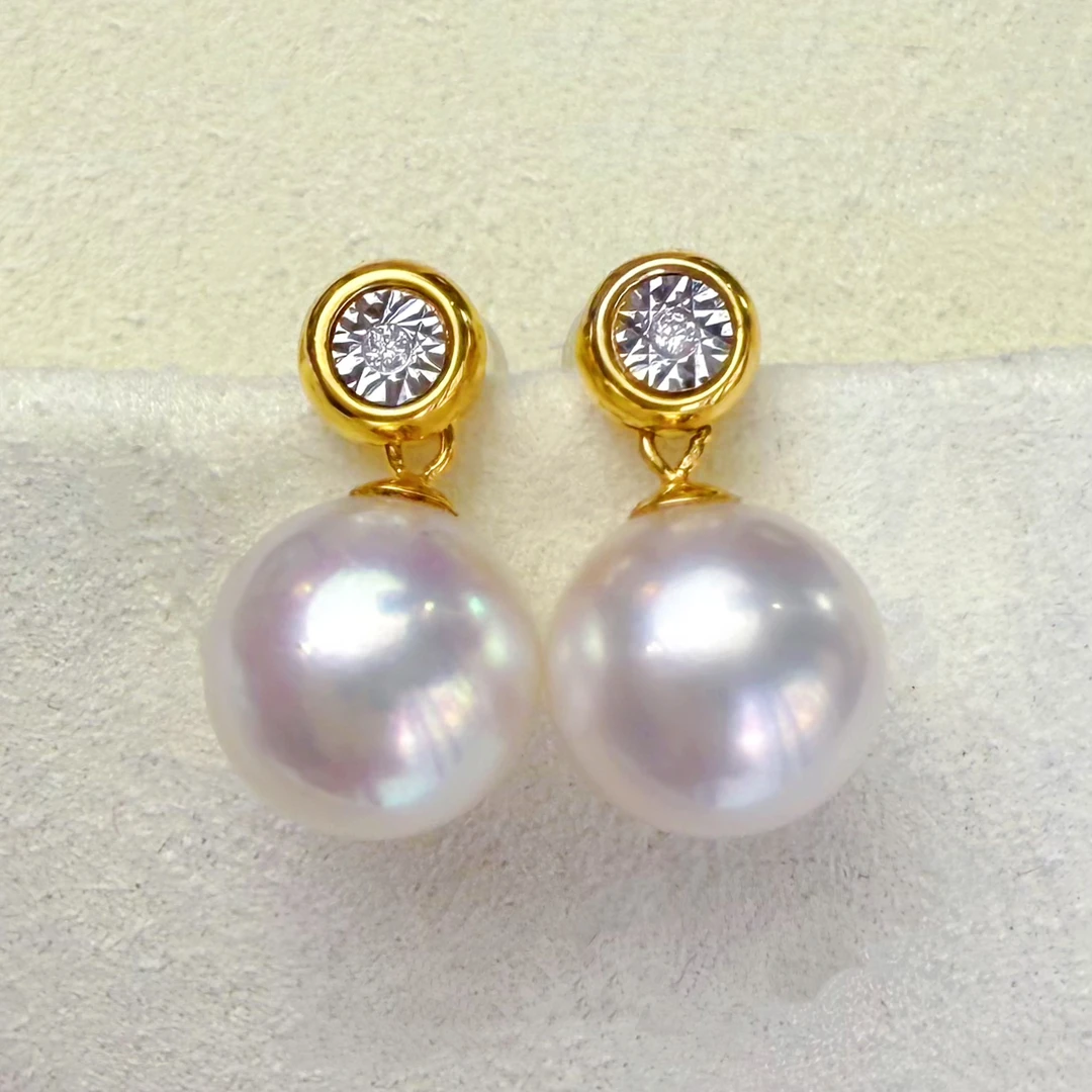 朕的珠 泡泡戴妃厚金版 天女级珠光 Akoya海水珍珠耳钉耳环18K金