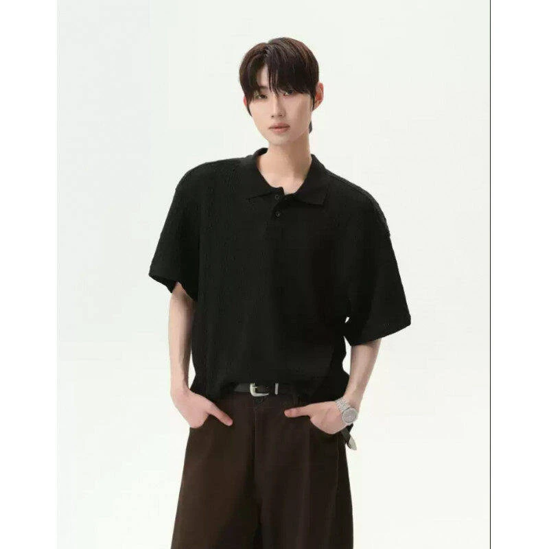 宽松肌理感针织polo衫男2025夏复古翻领T恤透气男士休闲百搭夏季