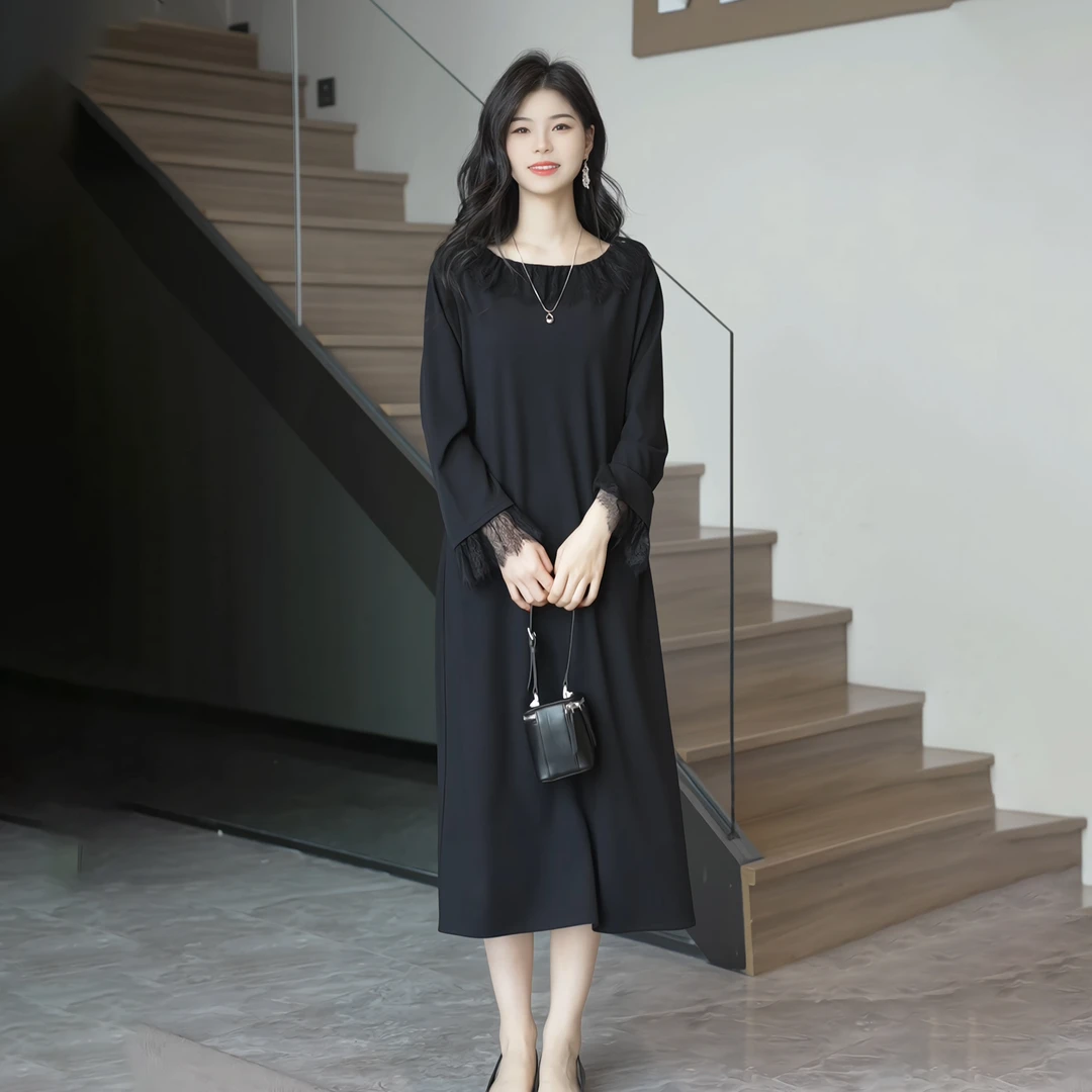 QEIIWMVIP/柒院春季设计感拼接蕾丝气质宽松显瘦针织连衣裙6669