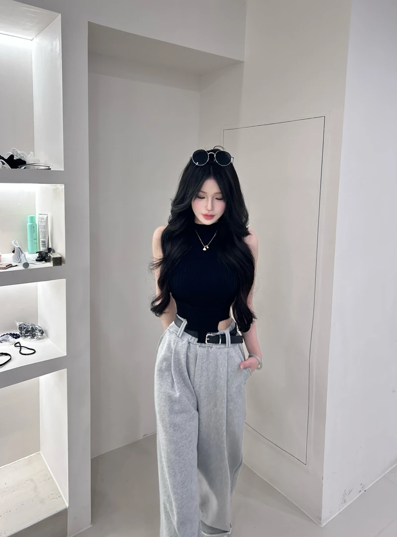 21DEGREES黑色不规则针织背心黑色高腰显瘦阔腿裤