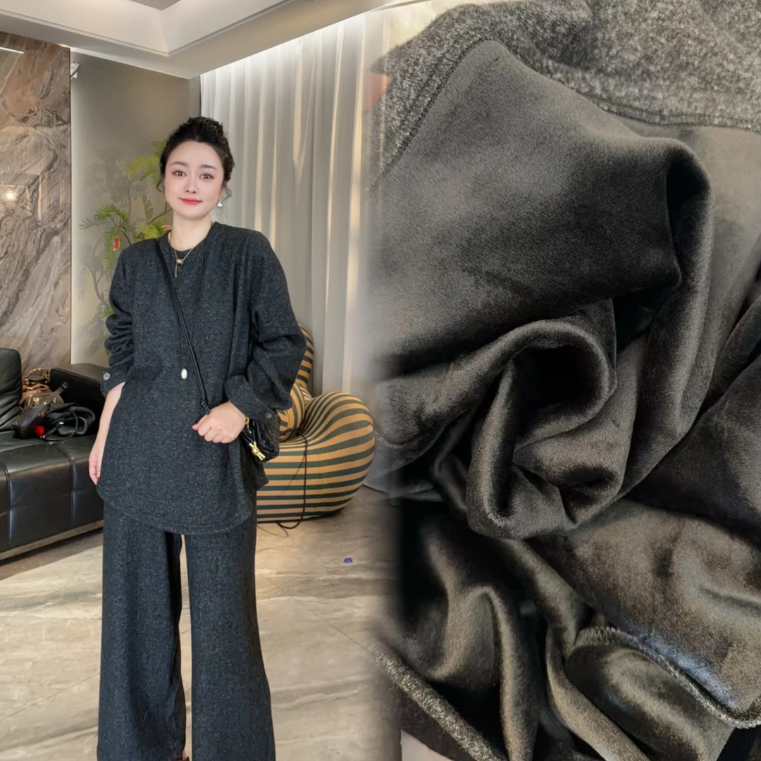 【冲姐】秋冬新款简约时髦宽松加银狐绒厚款圆领长袖上衣+裤子套装