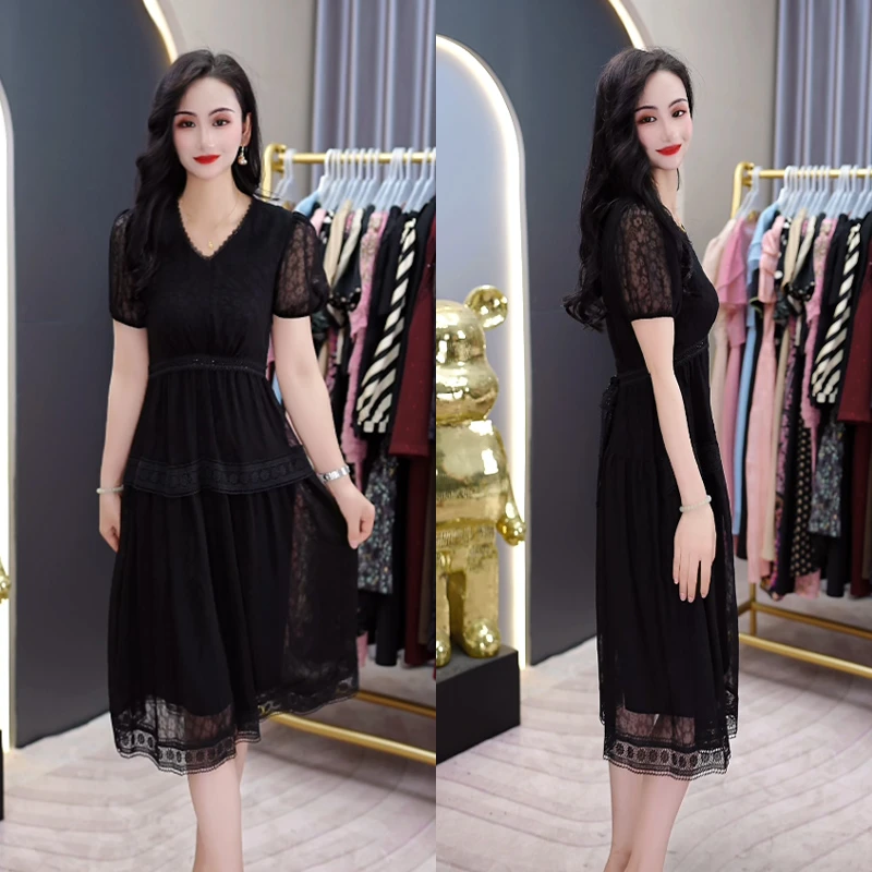 夏季2025新款黑色系优雅显瘦韩版透气舒适暗纹系带中长连衣裙短袖