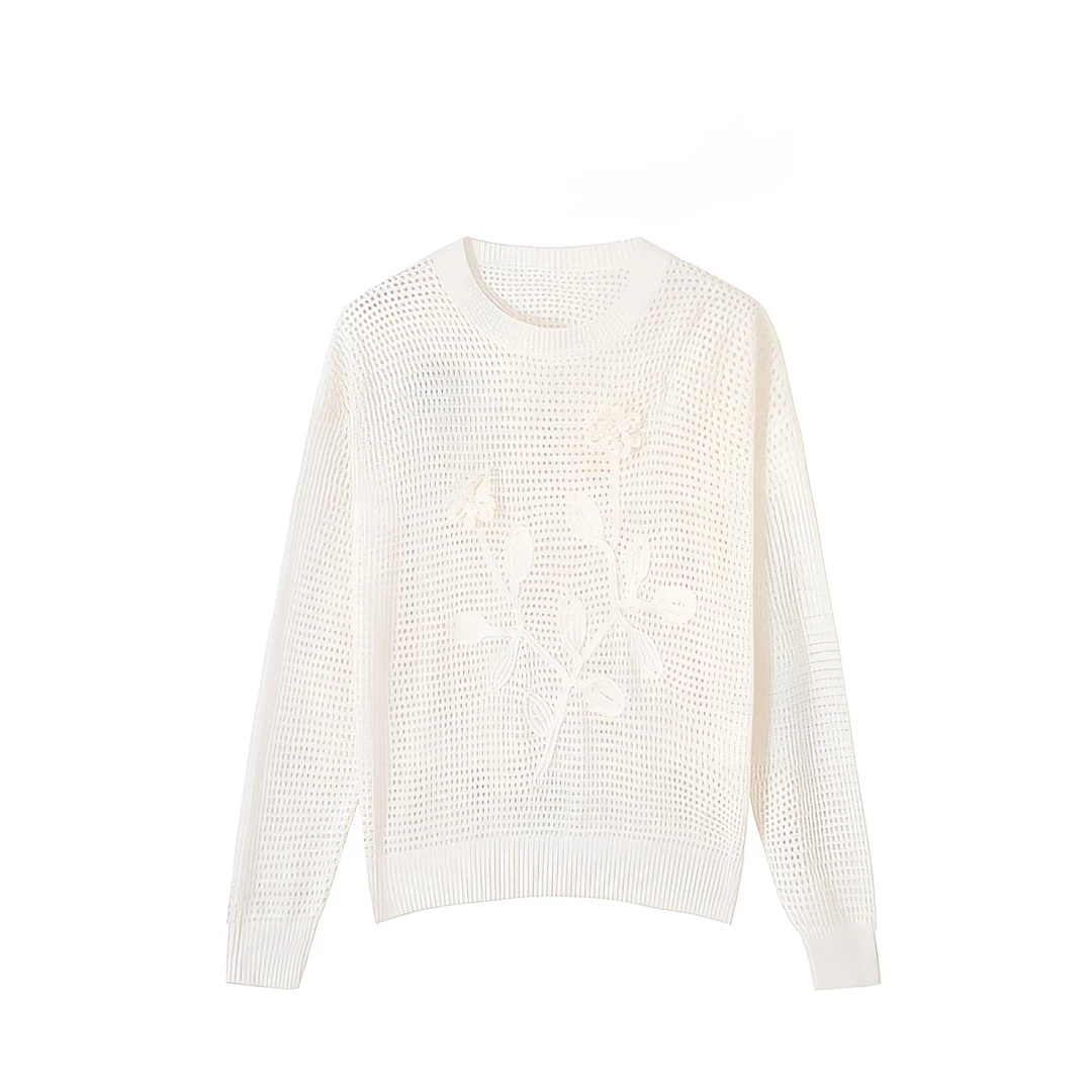 轻奢设计师镂空圆领时尚长袖针织衫宽松提花上衣-5727