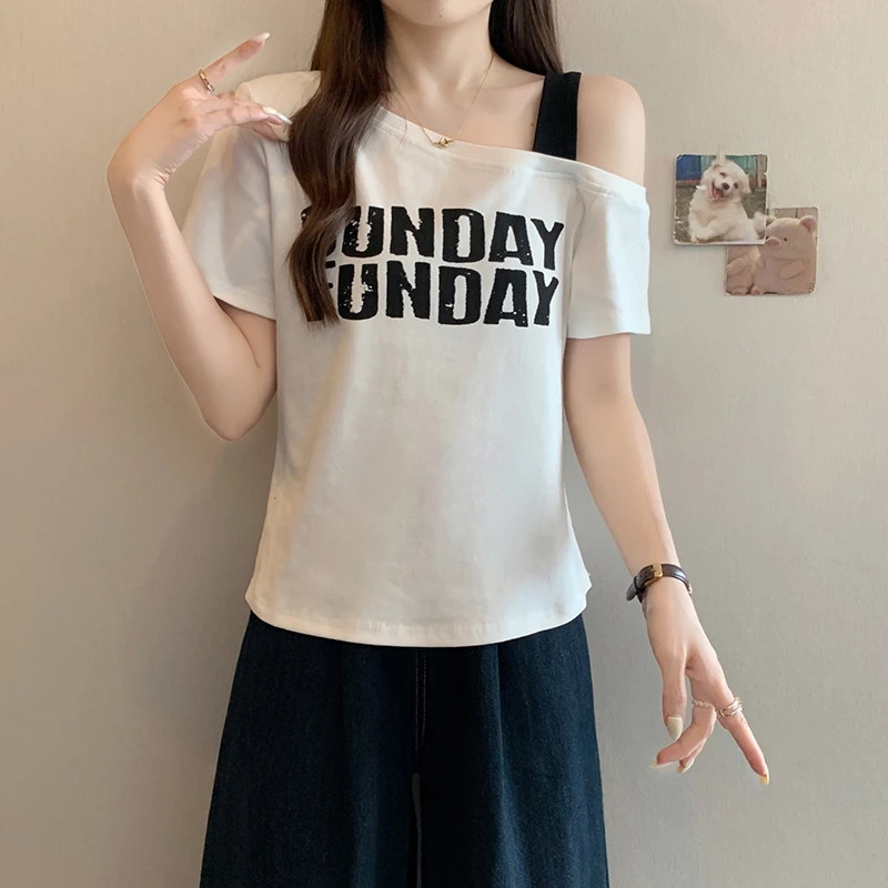 2025夏装新款胖mm大码女时尚撞色印花字母露肩设计感短袖T恤-7497