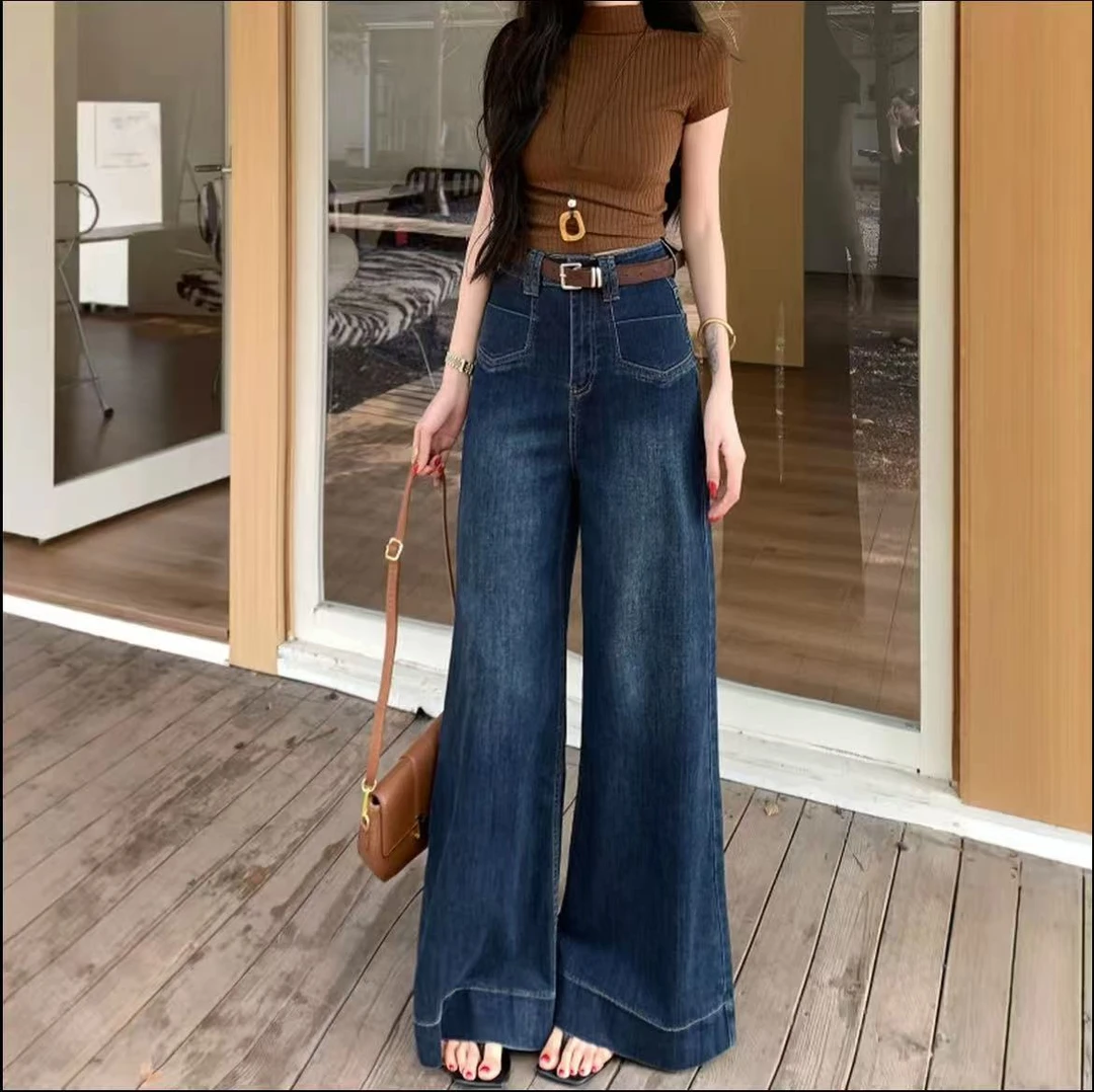 深色复古宽边A喇高腰阔腿牛仔裤女2025加绒秋冬季口袋宽松拖地裤