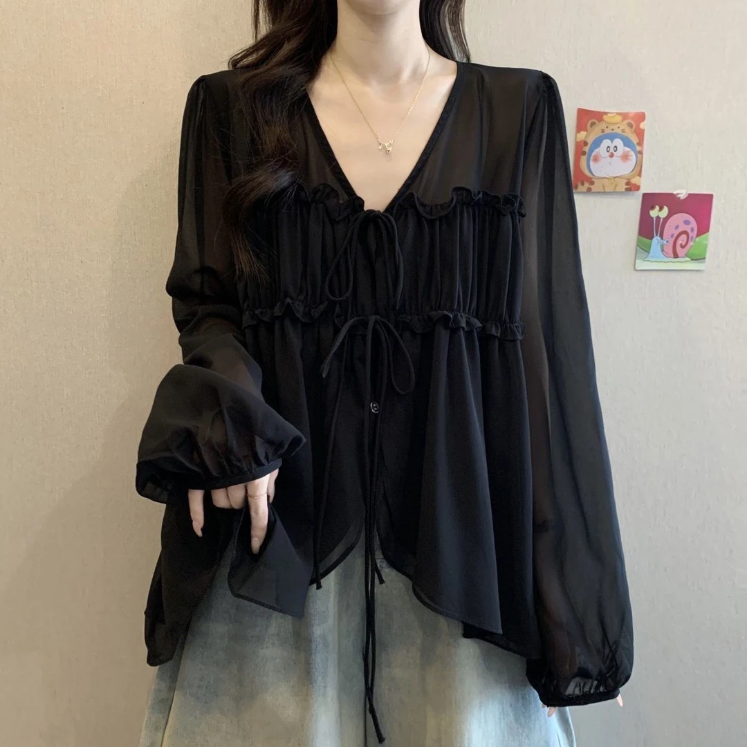 法式不规则超仙V领褶皱雪纺衫夏大码胖MM设计感遮肚显瘦减龄上衣