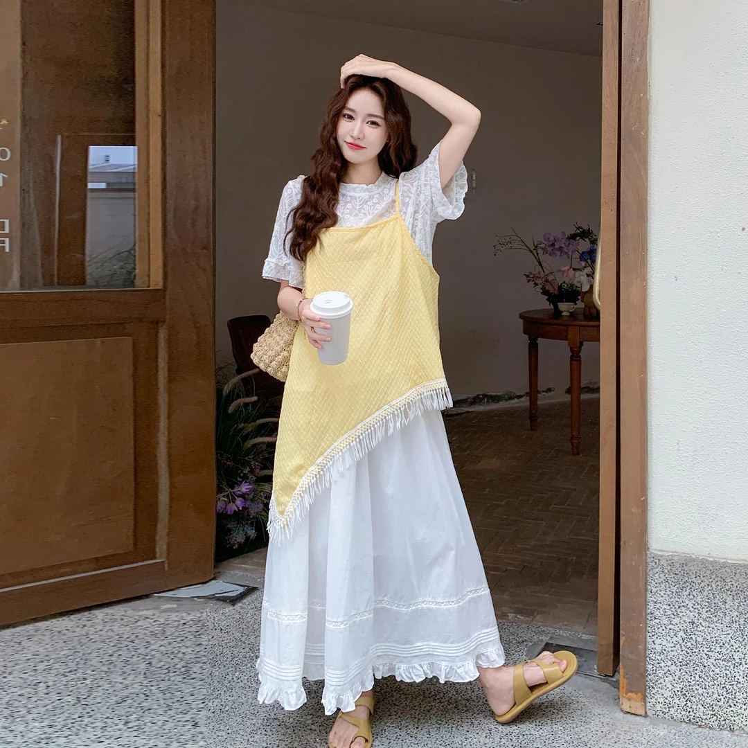2025超火减龄套装女夏新款不规则流苏吊带蕾丝内搭花边半身裙套装