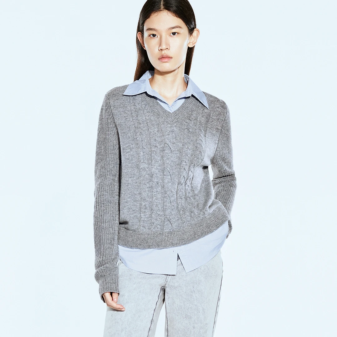 COVERINS2025春季新款格雷系休闲假两件绞花羊毛衫CC35106360