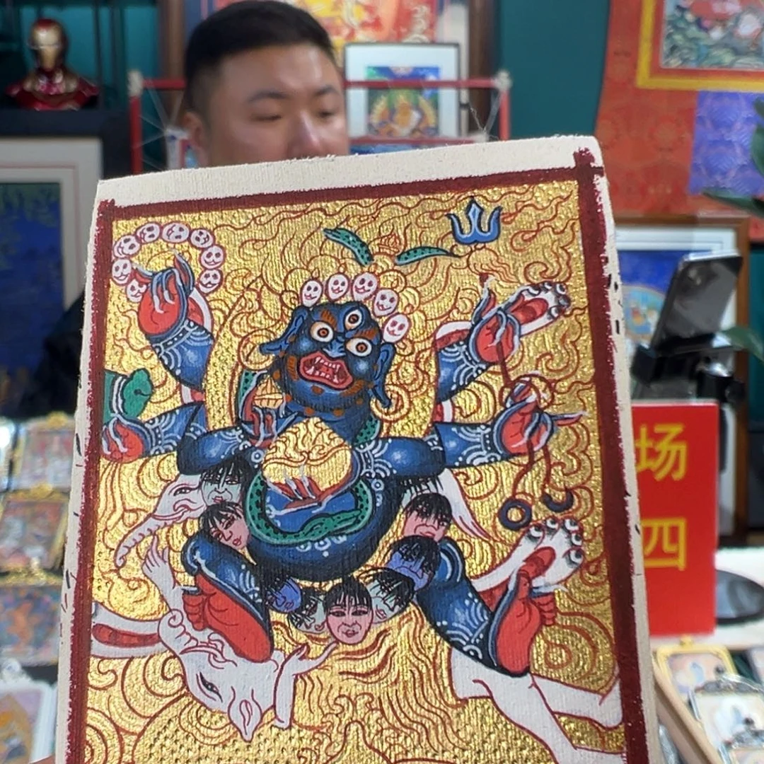 吊坠纯手绘唐卡金塘六臂大黑天