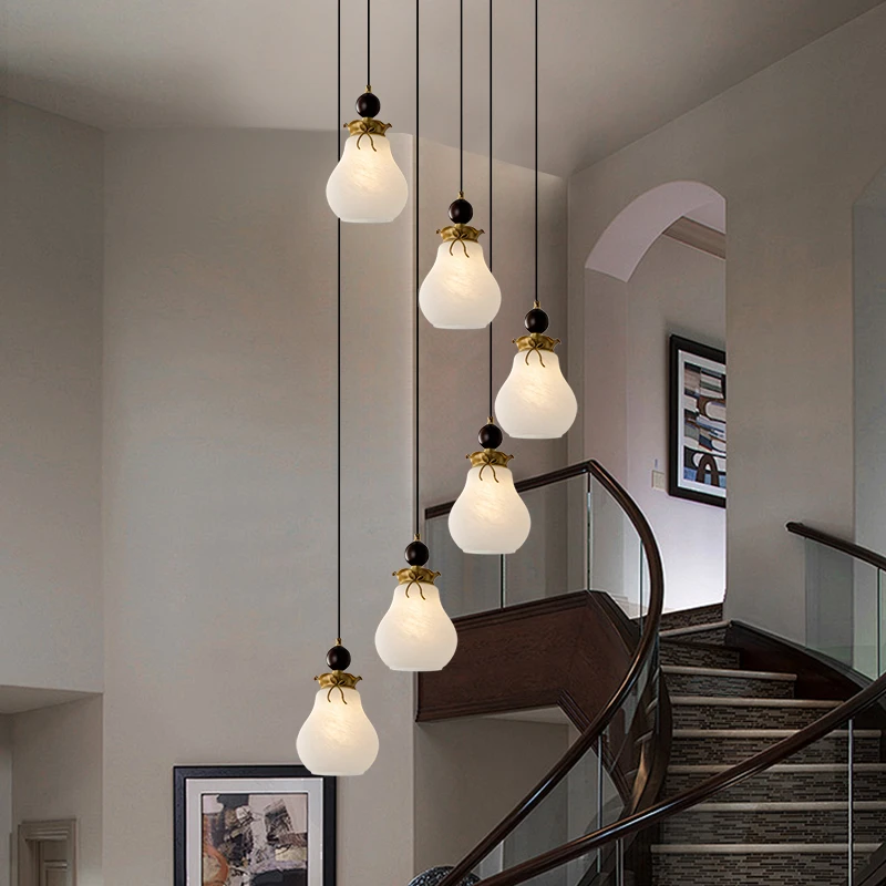 新中式实木床头吊灯楼梯间吊灯木艺铜灯别墅旋转楼梯中国风吊顶灯